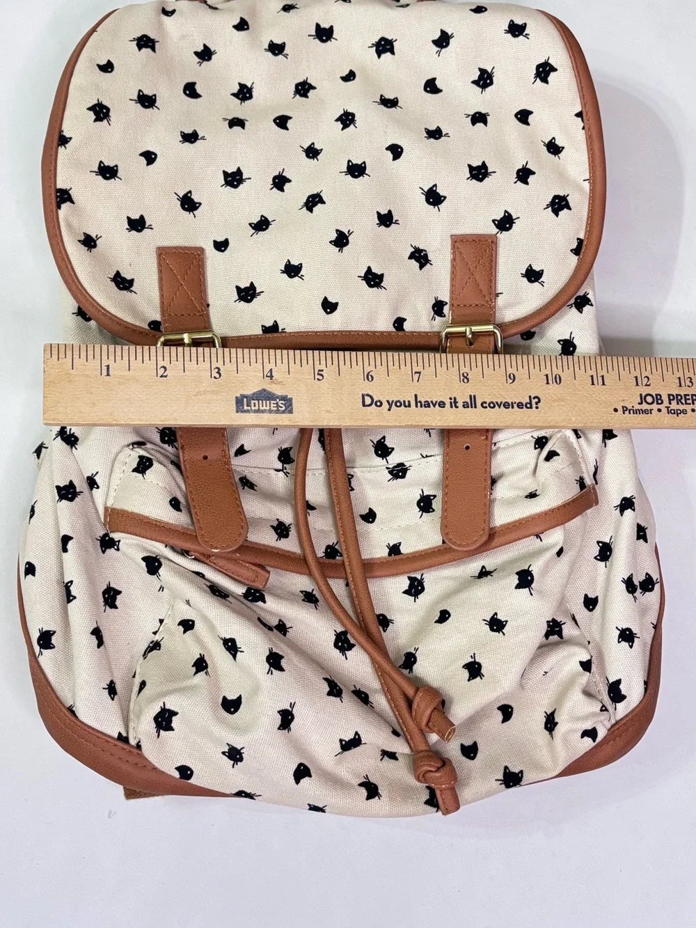 Canvas Cat Print Drawstring Backpack with Brown Faux Leather Trim